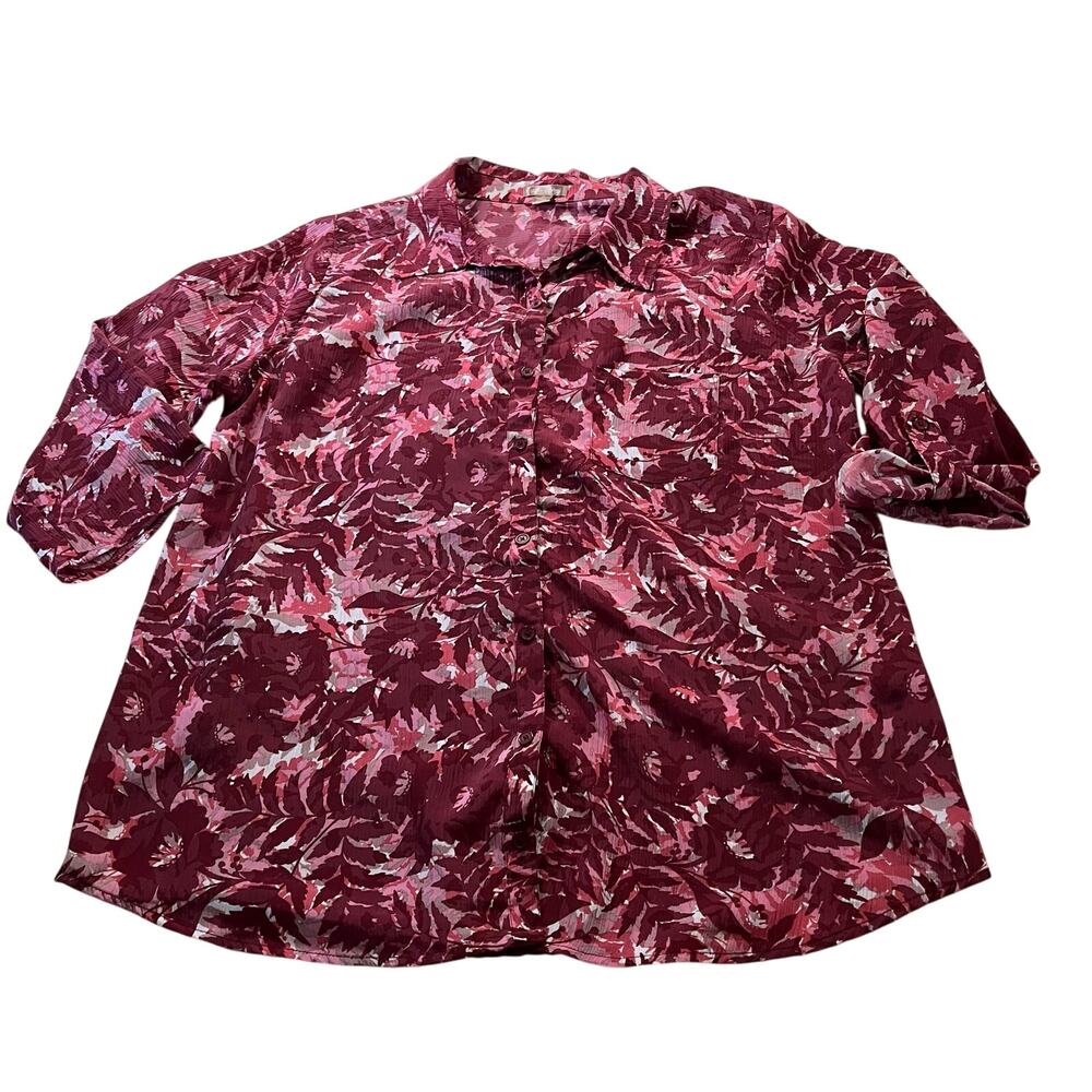 Pink Floral Button Up Shirt Plus Sz 2X Casual Work Office Trendy